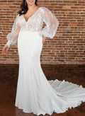 Plus Size Trumpet/Mermaid V-Neck Elastic Satin Wedding Dresses With Lace