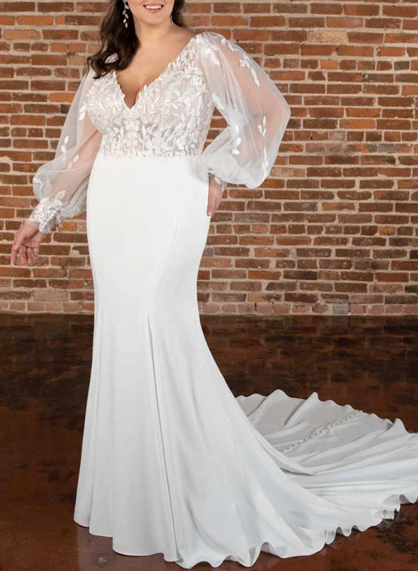 Plus Size Trumpet/Mermaid V-Neck Elastic Satin Wedding Dresses With Lace