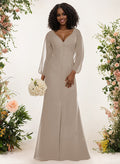 A-Line V-Neck Long Sleeves Chiffon Bridesmaid Dresses With Split Front