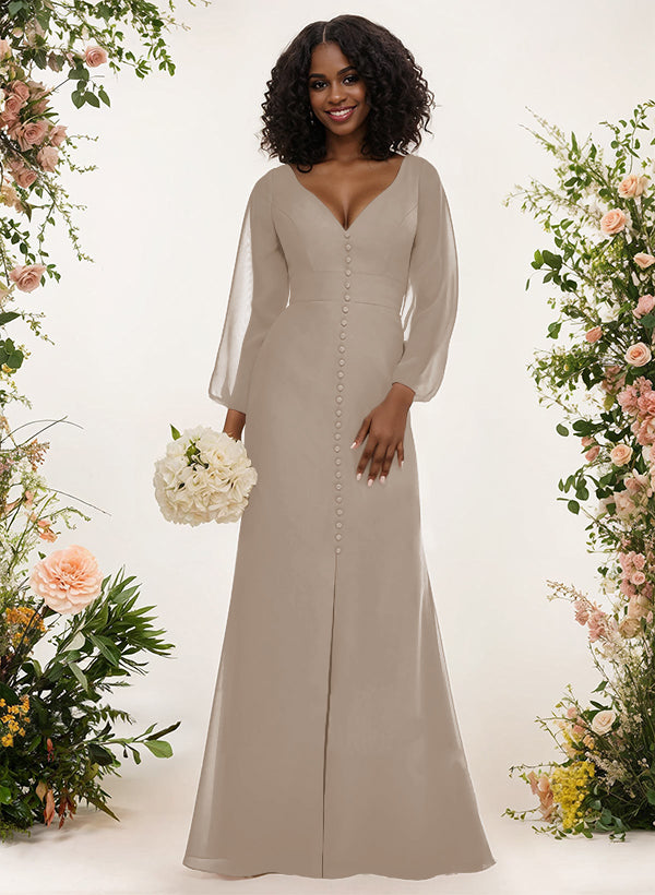 A-Line V-Neck Long Sleeves Chiffon Bridesmaid Dresses With Split Front