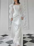 Sheath Column Square Neckline Long Sleeves Sweep Train Acetate Satin Wedding Brides With
