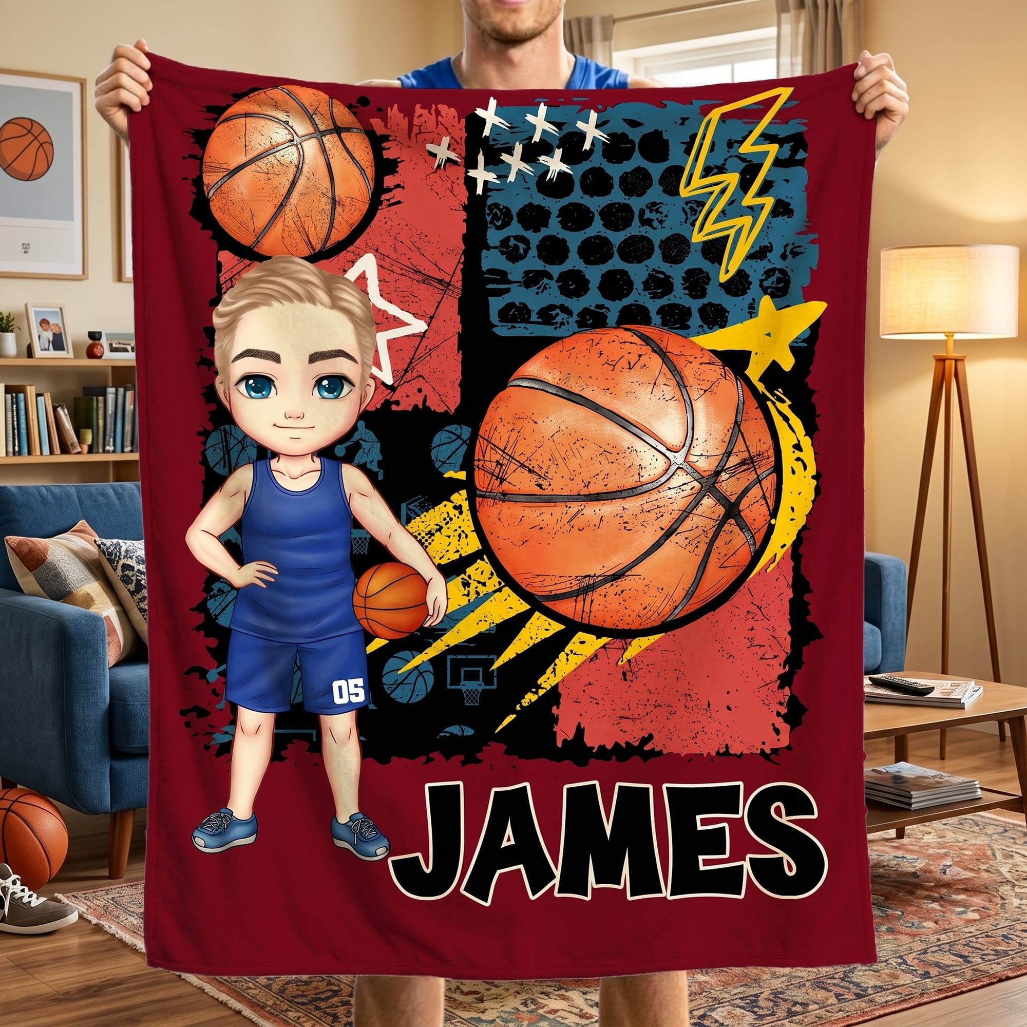 Manta de baloncesto multicolor personalizada con nombre y número para decoración del hogar Regalo de cumpleaños para los amantes del baloncesto