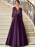 Lace V-Neck Sleeves A-Line Satin Mother Of The Bride Dresses