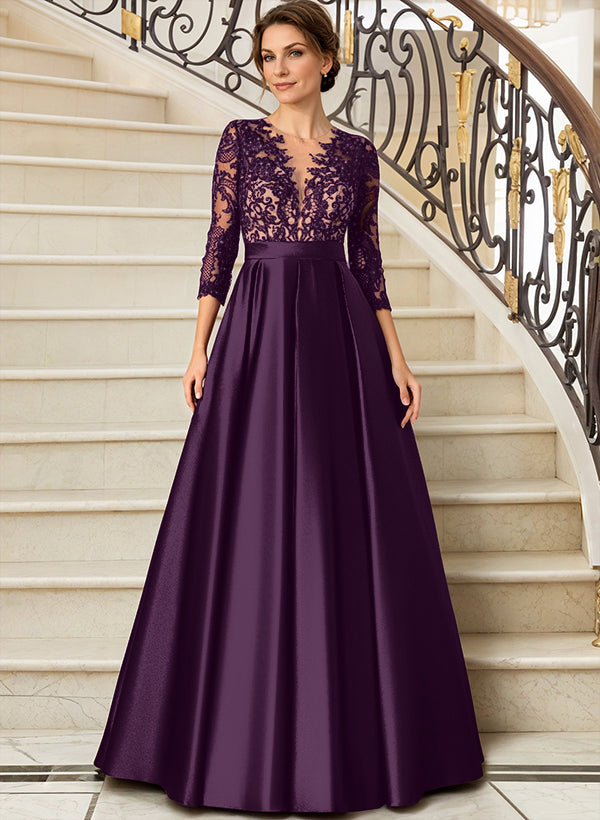 Lace V-Neck Sleeves A-Line Satin Mother Of The Bride Dresses