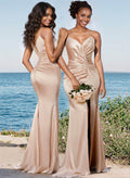 Trumpet/Mermaid V-Neck Sweep Train Stretch Satin Bridesmaid Dresses With High Split