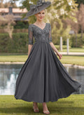 A-Line V-Neck 1/2 Sleeves Chiffon Mother Of The Bride Dresses With Appliques Lace