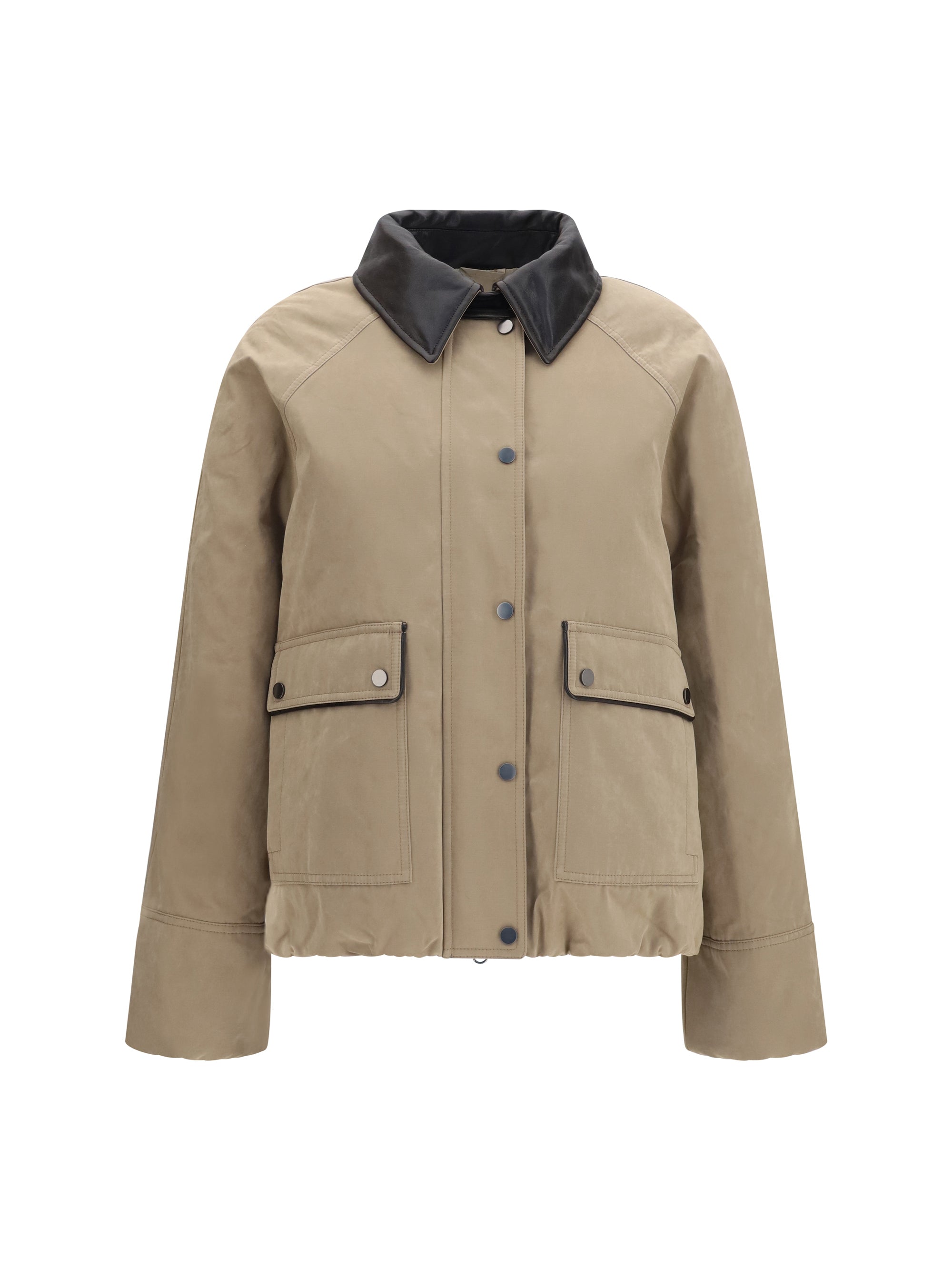 Brunello Cucinelli Leather-Collar Padded Down Jacket — Beige