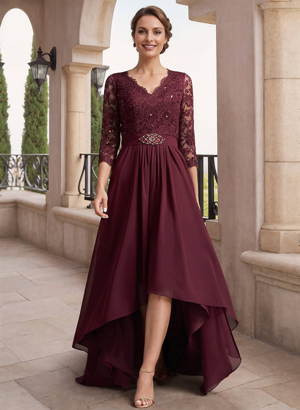 A-Line V-Neck 3/4 Sleeves Asymmetrical Chiffon Mother Of The Bride Dresses With Lace
