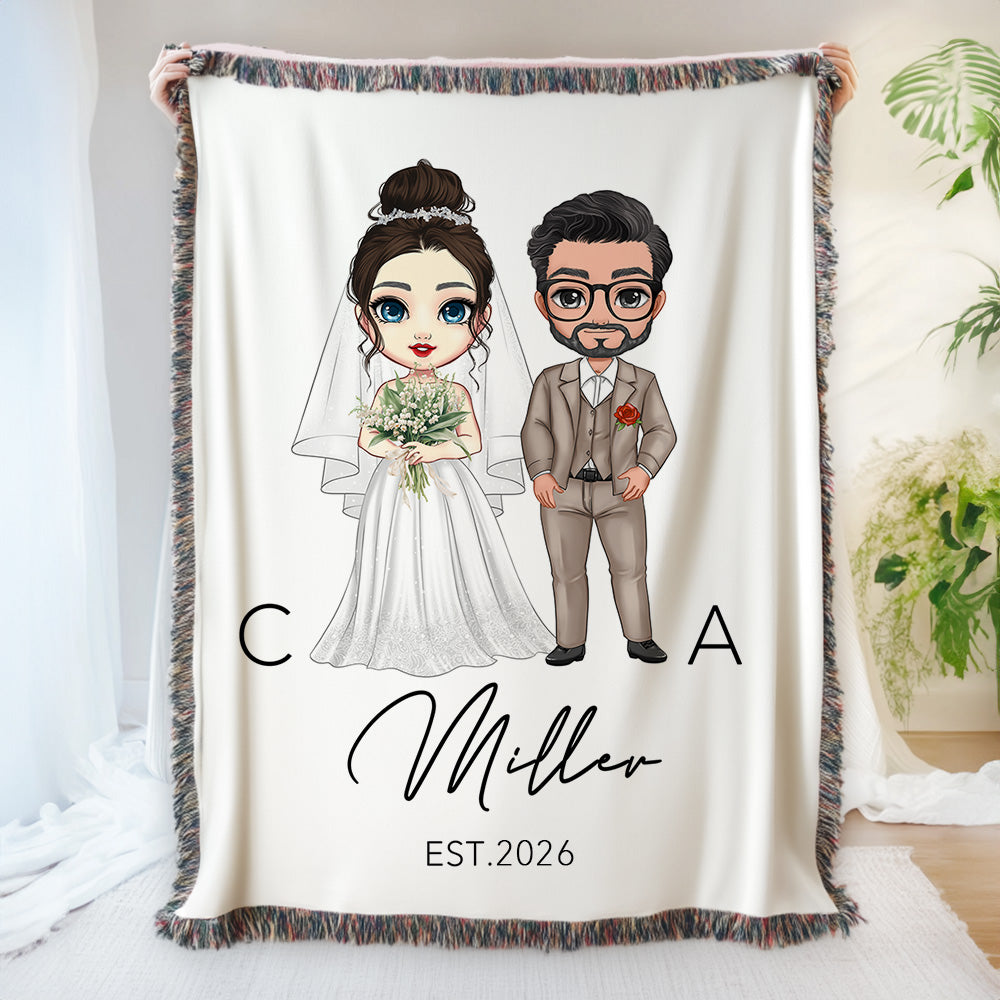 Novios de dibujos animados personalizados Borla suave manta con el nombre de la familia y la fecha de la boda Decoración del hogar Regalo de San Valentín para parejas