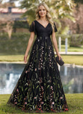 A-Line V-Neck Floor-Length Tulle Mother Of The Bride Dresses With Appliques Lace