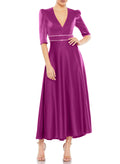 A-Line V-Neck 1/2 Sleeves Ankle-Length Satin Evening Dresses With Rhinestone