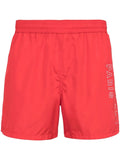 Balmain Metallic-Logo Swim Shorts — Red
