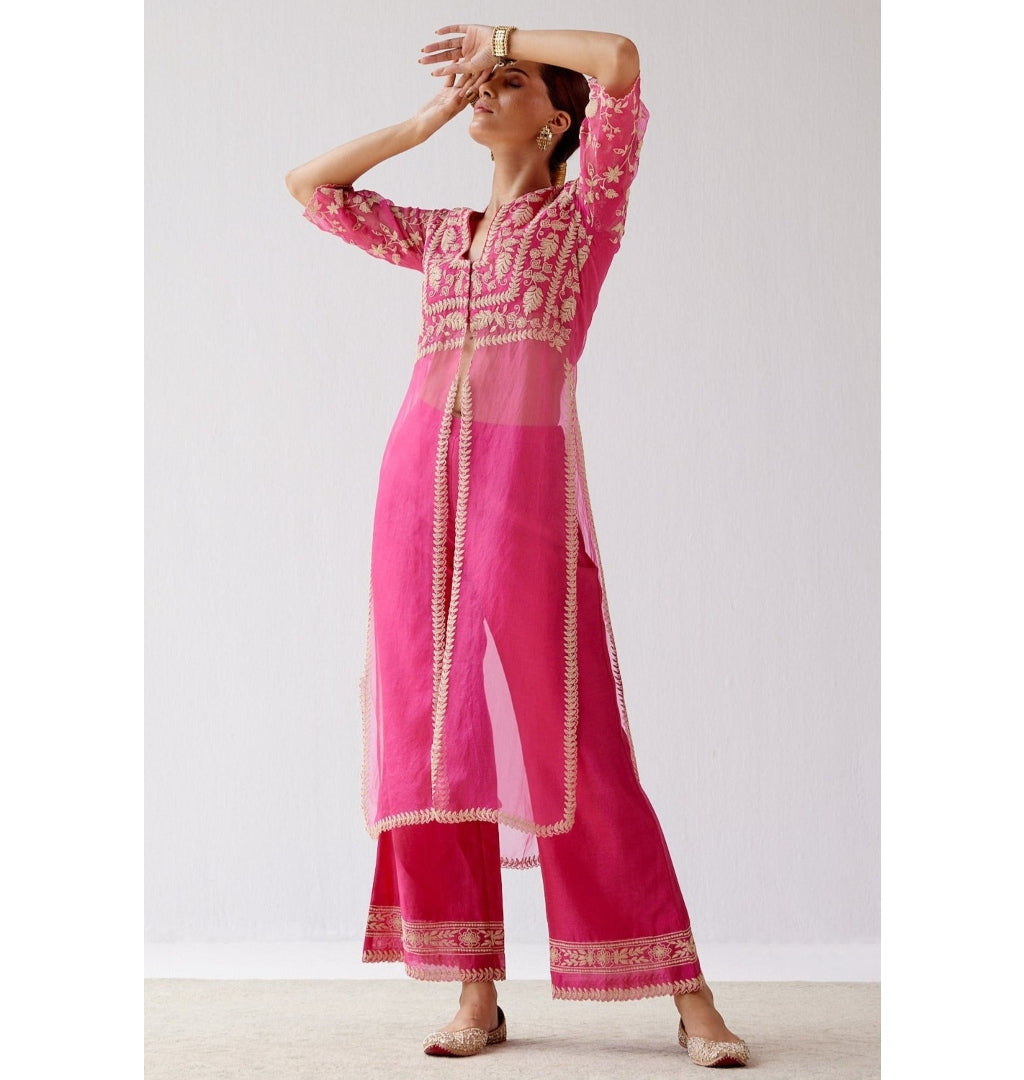 Fuchsia Pink Slit Silk Organza Kurta Set By KYNAH, Luxury Indian Fashion & Bridal Wear