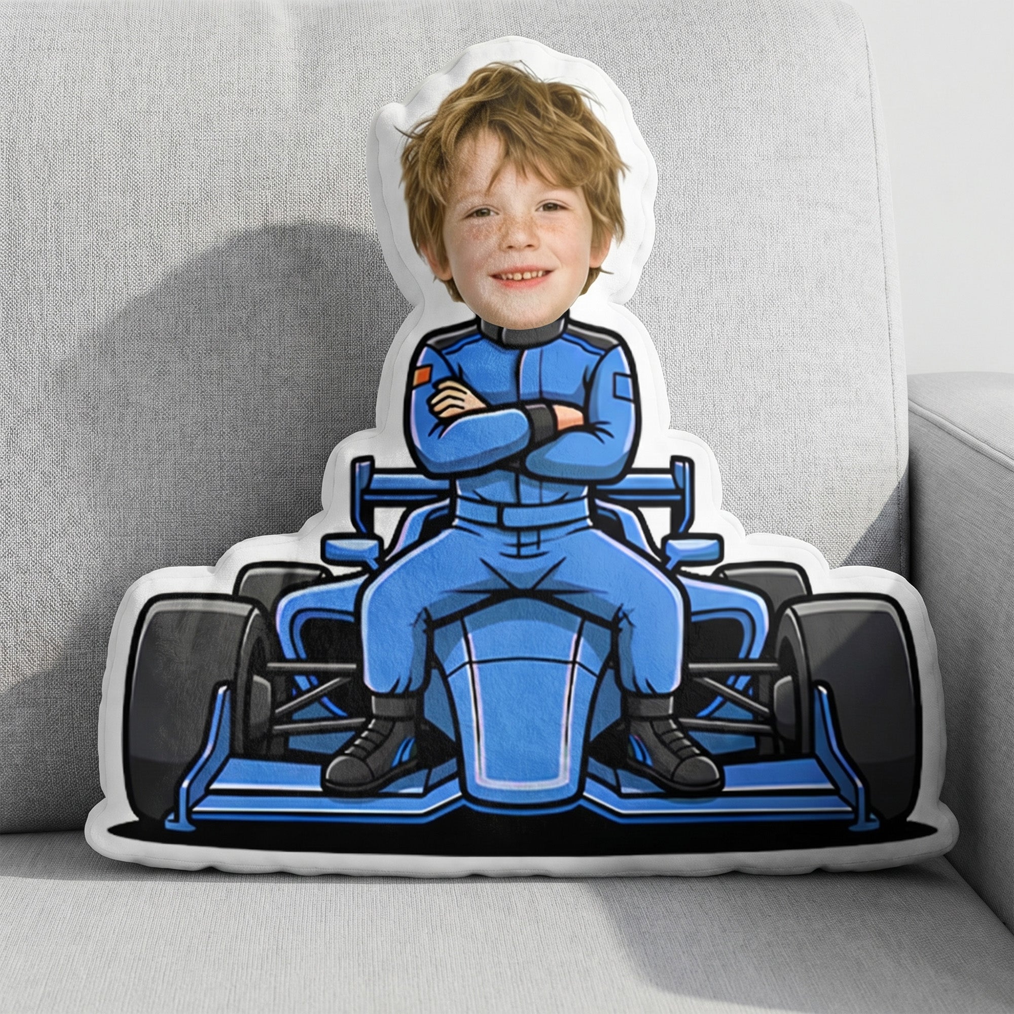 Cojín Personalizado Cartoon Racing Cara Divertida con Foto en Forma Humana Decoración del Hogar Cumpleaños Car Race Regalo para Niños Amantes de las Carreras