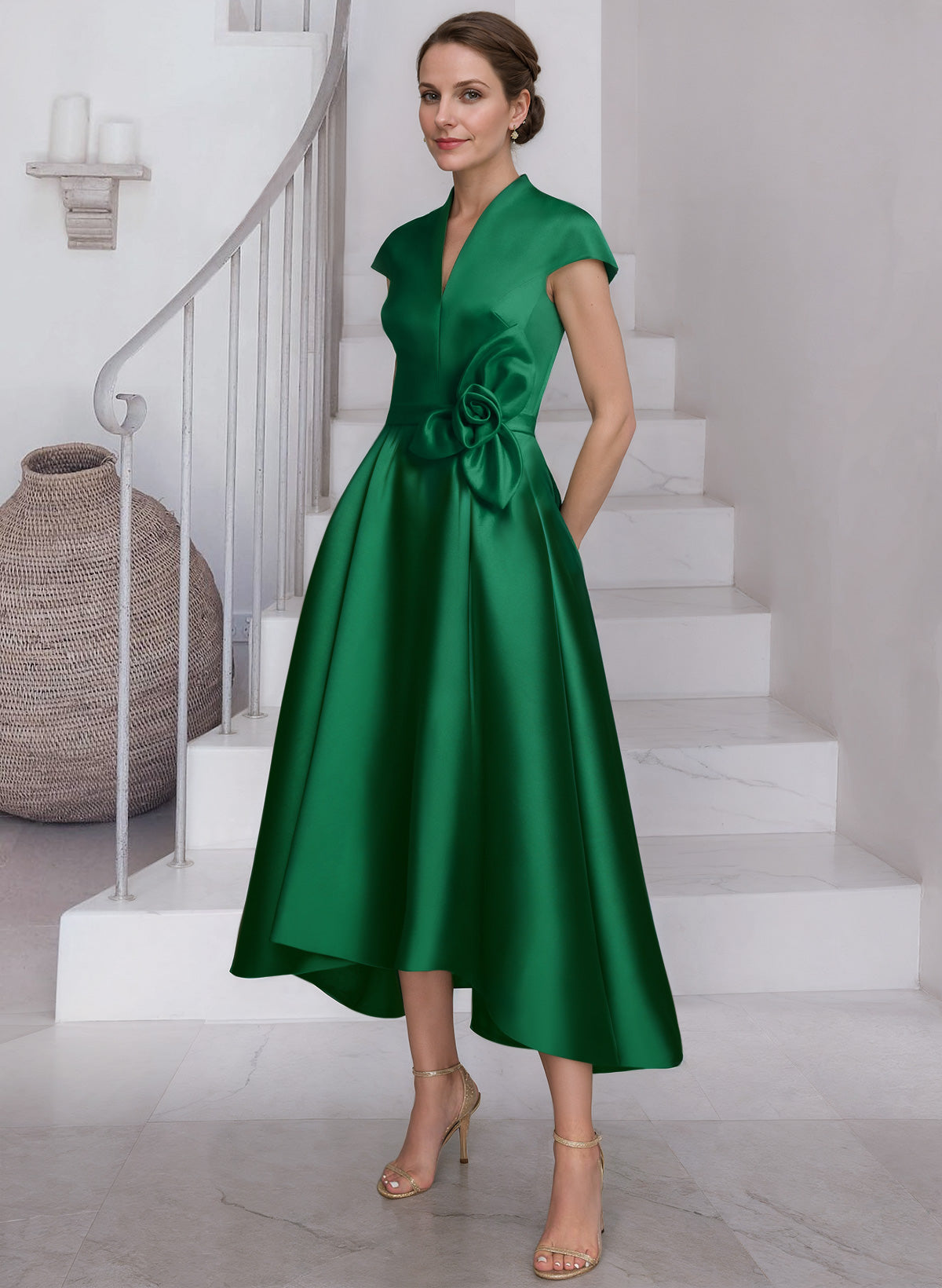 Modest V-Neck Cap Strsps Cocktail Dresses With 3D Floral