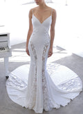 Trumpet/Mermaid V-Neck Lace Elastic Satin Wedding Dresses With Appliques Lace