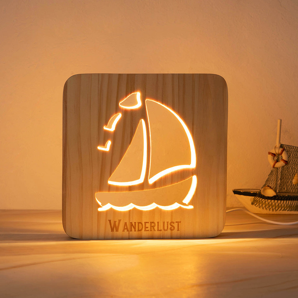 Velero Personalizado de Madera LED Luz de Noche con Nombre Grabado Decoración para el Hogar Decoración para Fiestas Regalo Náutico Creativo para Amigos Amantes del Océano