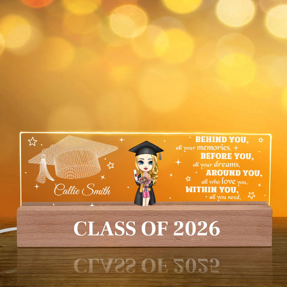 Personalizada Lindo Personaje de Caricatura de Graduado Luz de Noche LED de Acrílico con Base de Madera y Nombre Decoración del Hogar Regalo de Graduación para Graduados de la Clase de 2026