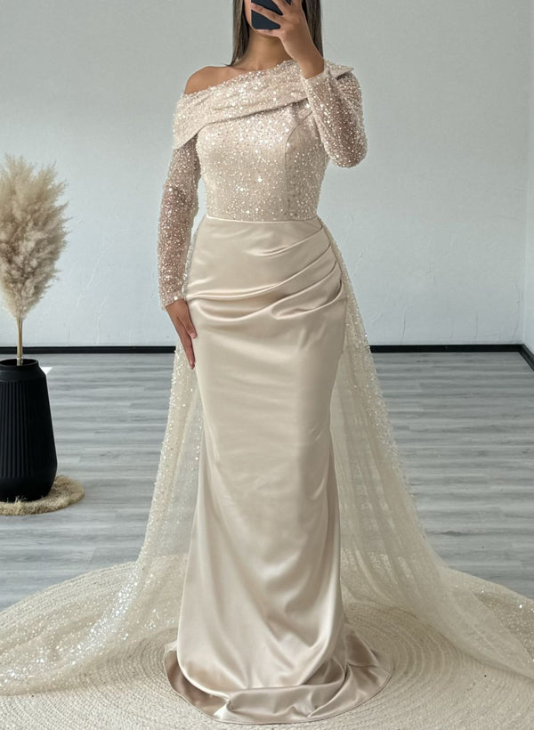 Sheath/Column Asymmetrical Long Sleeves Court Train Silk Like Satin/Sequined Evening Dresses