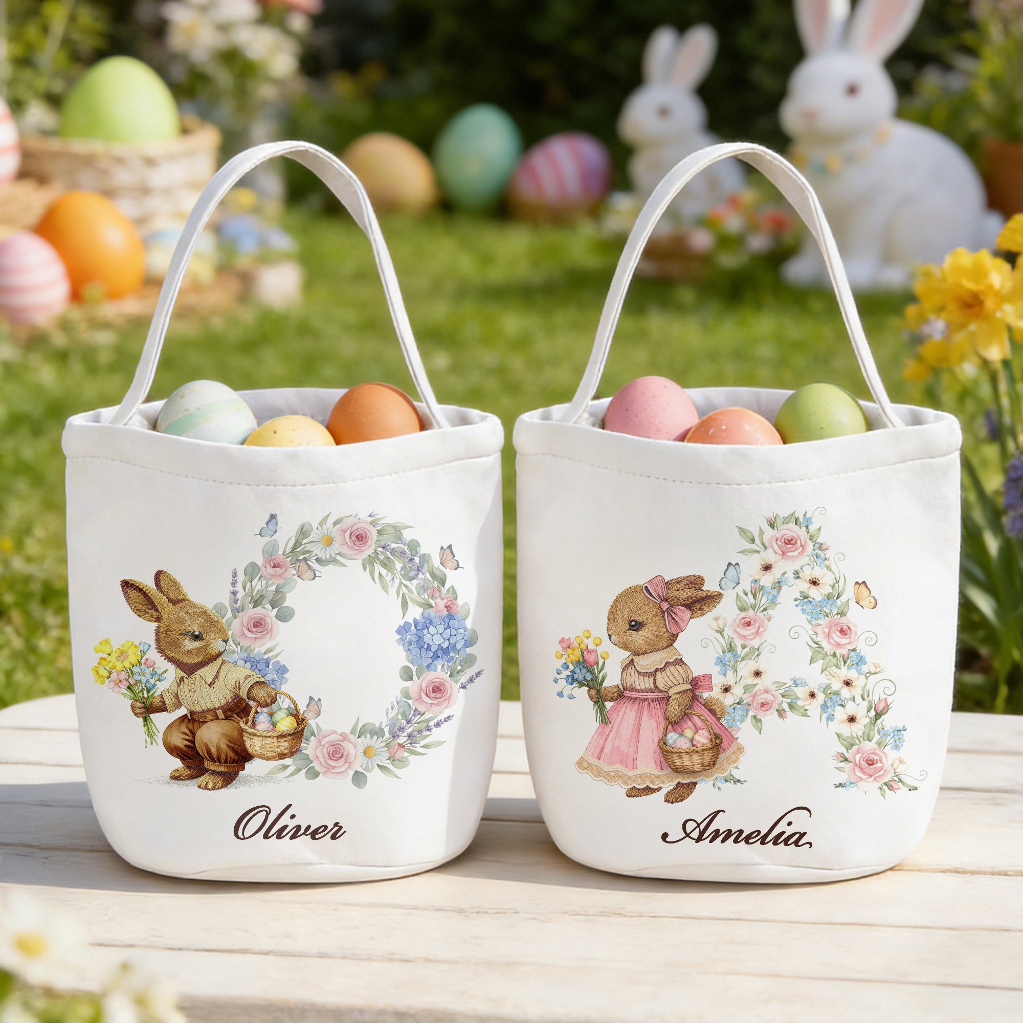 Conejito de Pascua personalizado Huevos de Pascua Floral Inicial Cesta de Pascua de lona de gran capacidad con nombre Día de Pascua Regalo para niños Niñas