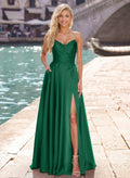 A-Line V-Neck Sleeveless Appliques Lace Crepe Satin Prom Dresses With High Split