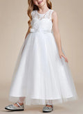 A-Line Illusion Neck Sleeveless Satin/Tulle Flower Girl Dresses With Bow(s)/Lace