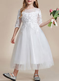 A-Line Illusion Neck 1/2 Sleeves Tulle Flower Girl Dresses With Appliques Lace