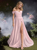 Ruched Sweetheart Off-The-Shoulder Crepe Satin Prom Dresses With High Split