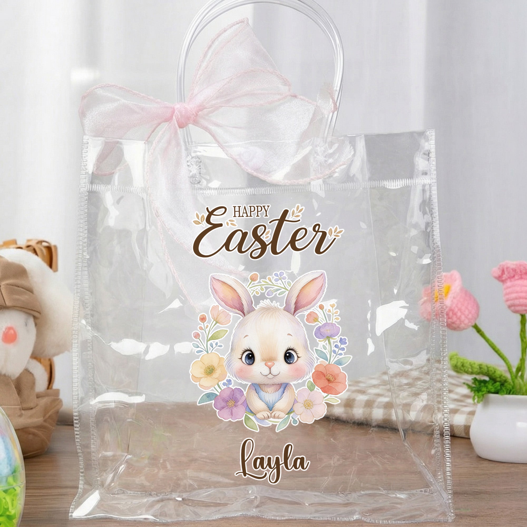 Bolsa de Regalo Personalizada con Nombre y Lazo Rosa Bolsa de Regalo para la Fiesta de Pascua con Huevos de Caza Regalo para Niños