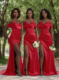 Unique Cold Shoulder Corset Ruched Stretch Satin Knit Bridesmaid Dresses With Lace