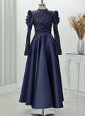 A-Line High Neck Long Sleeves Crepe Satin Evening Dresses With Beading