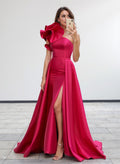One-Shoulder Sleeveless Sweep Train Satin Evening Dresses With Flower(s)