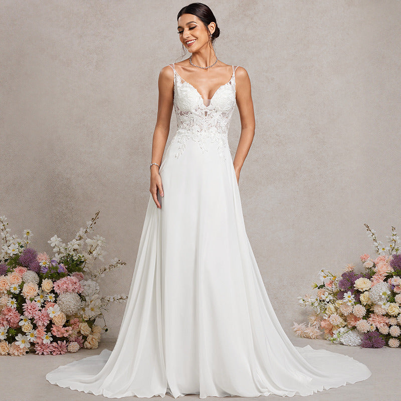 Bridal Wedding Dress Ivory Spaghetti Straps Long V-Neck A-line