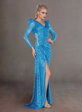 Sparkly V-Neck Long Sleeves Sequined Mother Of The Bride Dresses With High Split