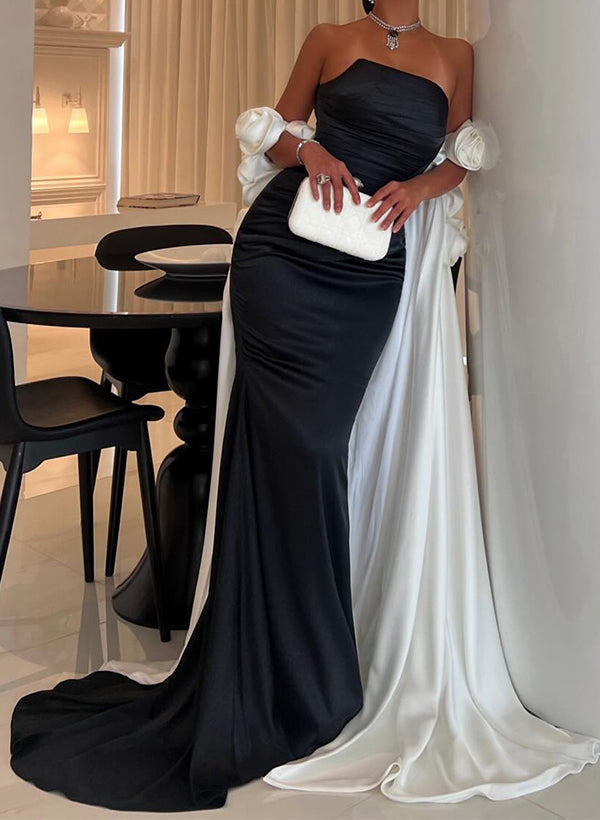 Unique Sweep Train Crepe Satin Evening Dresses With 3D Floral