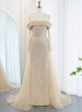 Luxury Off-The-Shoulder Long Sleeves Detachable Train Tulle Evening Dresses With Beading