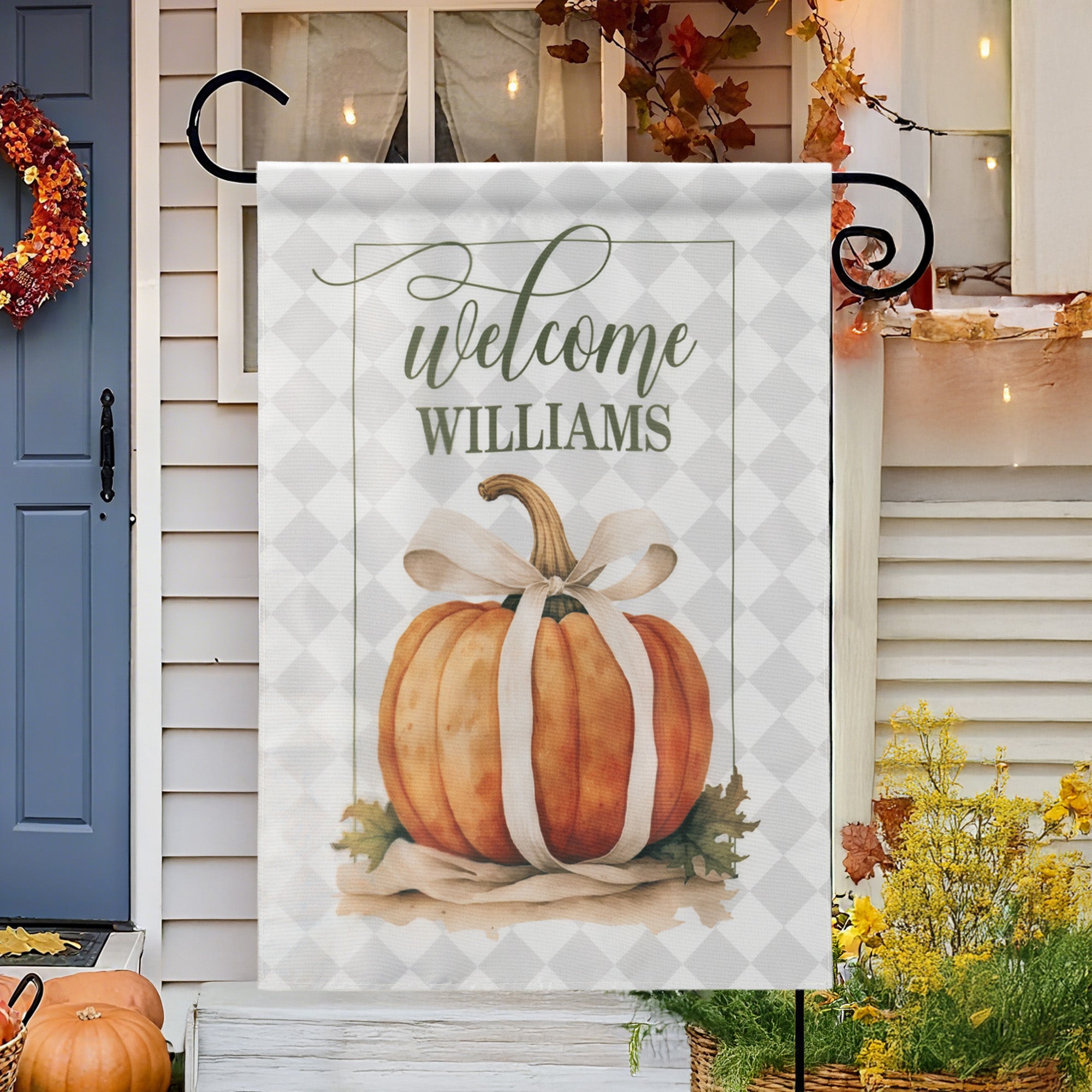Bandera de jardín de calabaza con lazo personalizada Vintage Coquette con iniciales y nombre Decoración de jardín Cumpleaños Aniversario Regalo para familia Entusiastas de la jardinería