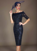 Navy Knee-Length Lace Sheath/Column Mother Of The Bride Dresses