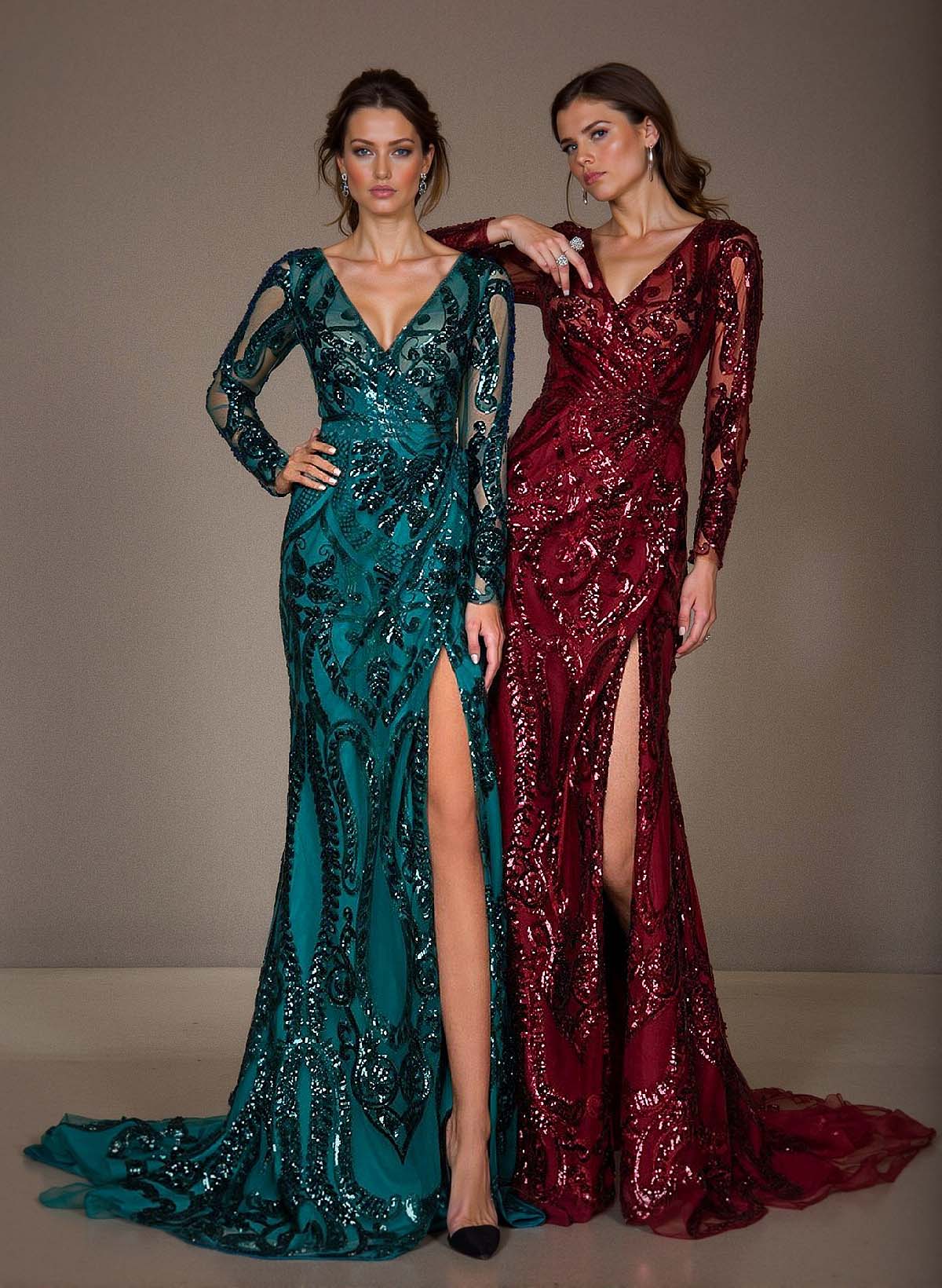 Trumpet/Mermaid V-Neck Long Sleeves Lace Mother Of The Bride Dresses With Split Front