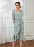 Sheath Off-The-Shoulder 1/2 Sleeves Tea-Length Elastic Satin Cocktail Dresses With Ruffle