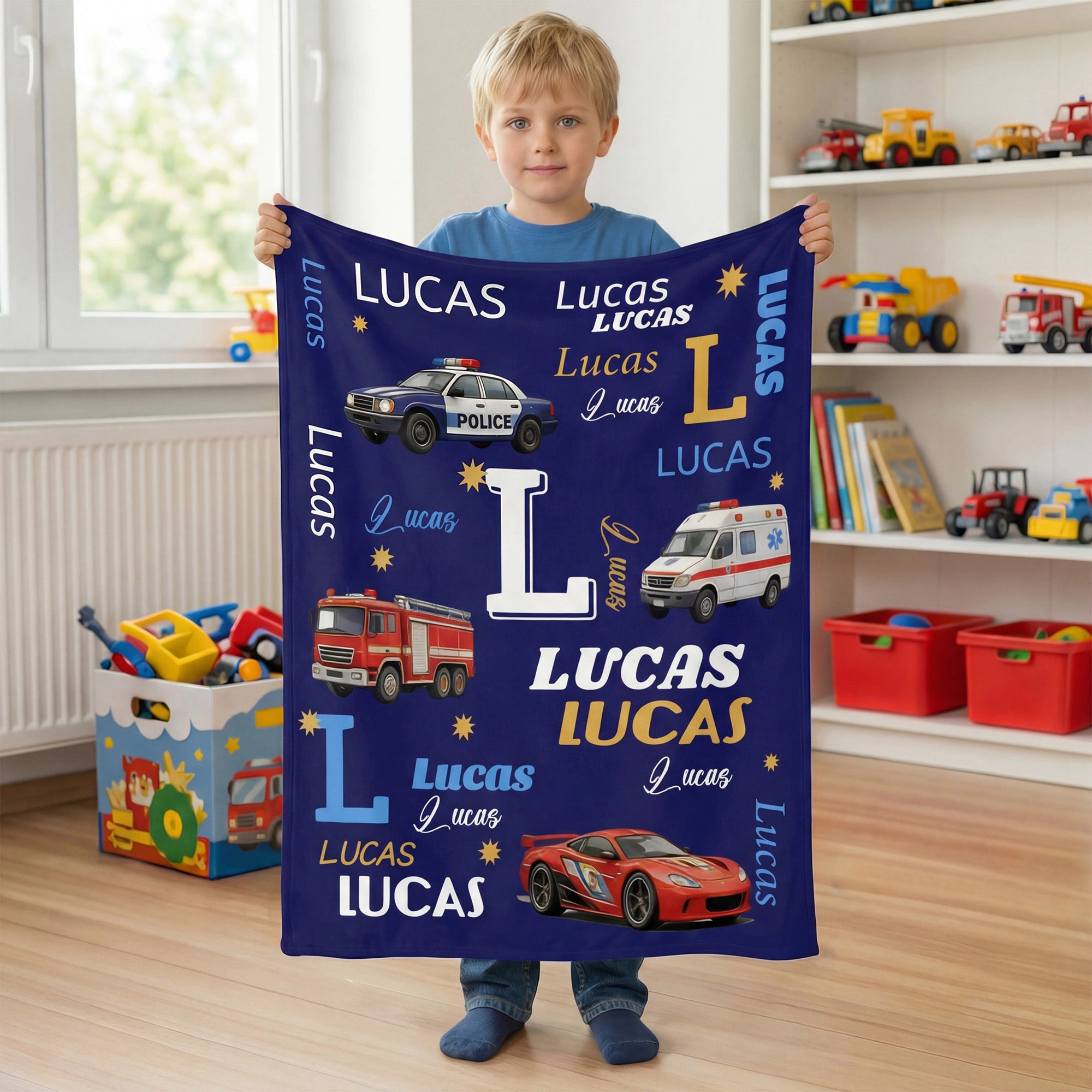 Coche de policía personalizado Camión de bomberos Ambulancia Manta suave multicolor con nombre Decoración del hogar Uso diario Regalo de cumpleaños para niños