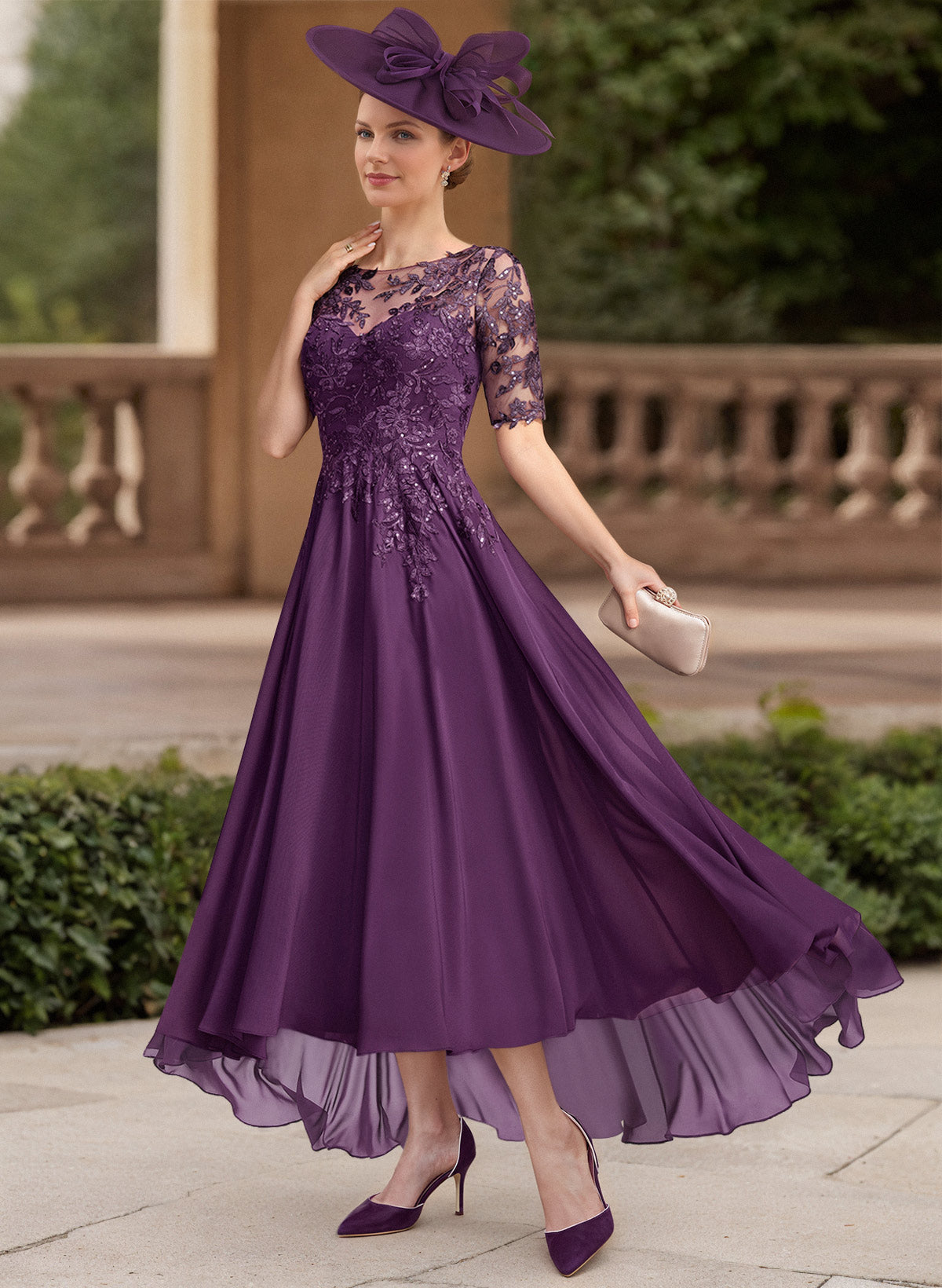 A-Line Illusion Neck 1/2 Sleeves Chiffon Mother Of The Bride Dresses With Lace