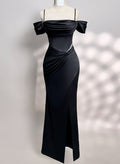Bedazzled Curve Cold Shoulder Crepe Satin Evening Dresses With Split Front