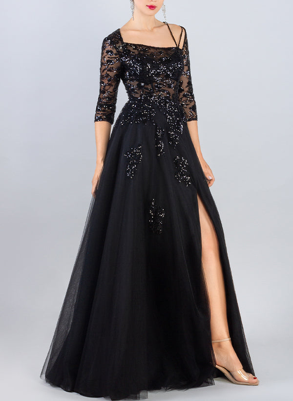 Exquisite A-Line Floral Embroidered Tulle Evening Dresses With High Split