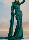 Elegant High Neck Long Sleeves Satin Evening Dresses With Pleated