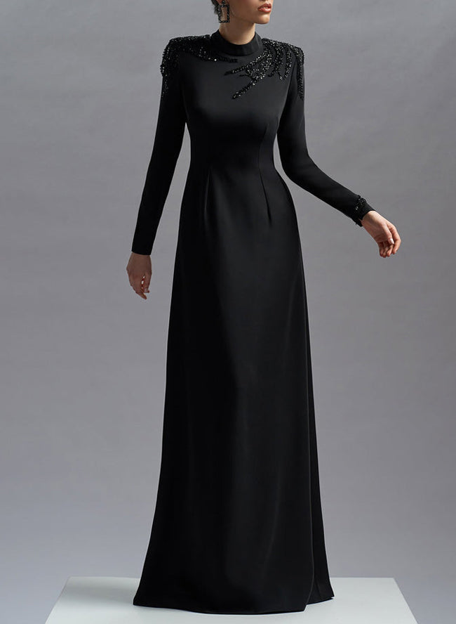 Sheath/Column Scoop Neck Long Sleeves Floor-Length Italian Satin Evening Dresses With Sequins
