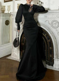Modest Trumpet Long Lantern Sleeves Outcut Halter Crepe Satin Evening Dresses