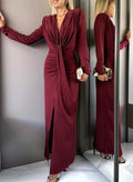 Modest V-Neck Long Sleeves Crepe Satin Evening Dresses With Split Front