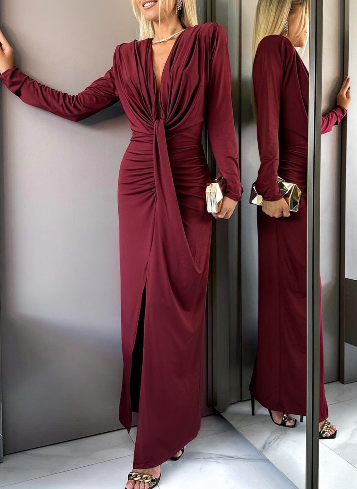 Modest V-Neck Long Sleeves Crepe Satin Evening Dresses With Split Front