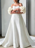 Dreamy A-Line Cowl Neck Chapel Train Matte Satin Wedding Dresses With Flower(s)